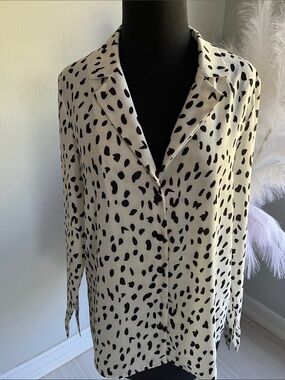 Womens Cream & Black Button-Down Shirt - Polka Dot Print